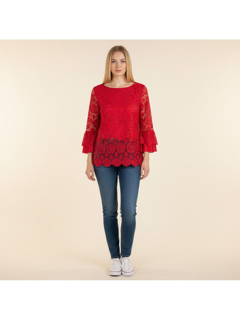 Charter Club Blouse Women M Medium Red Floral Crochet 3/4 Sleeve Lined Casual